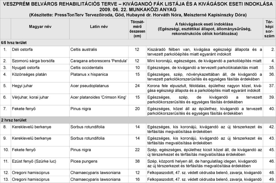 rekonstrukciós célok korlátozása) 1. Déli ostorfa Celtis australis 12 Kiszáradó félben van, kivágása egészségi állapota és a tervezett parkolóépítés miatt egyaránt indokolt 2.