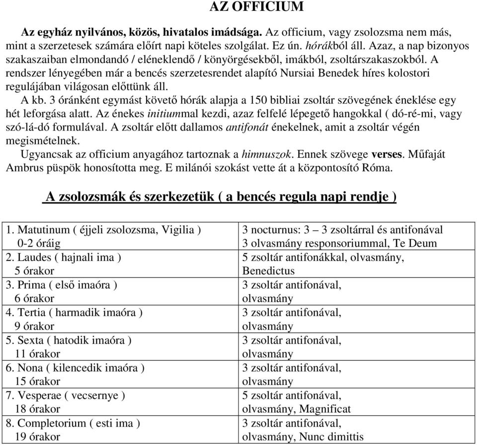 A rendszer lényegében már a bencés szerzetesrendet alapító Nursiai Benedek híres kolostori regulájában világosan előttünk áll. A kb.