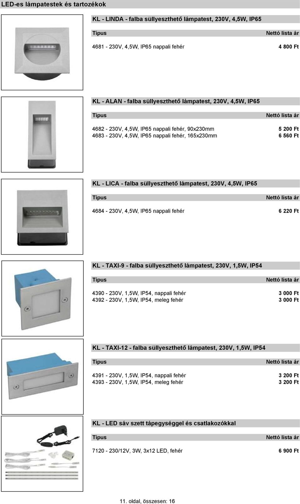 falba süllyeszthető lámpatest, 230V, 1,5W, IP54 4390-230V, 1,5W, IP54, nappali fehér 3 000 Ft 4392-230V, 1,5W, IP54, meleg fehér 3 000 Ft KL - TAXI-12 - falba süllyeszthető lámpatest, 230V, 1,5W,