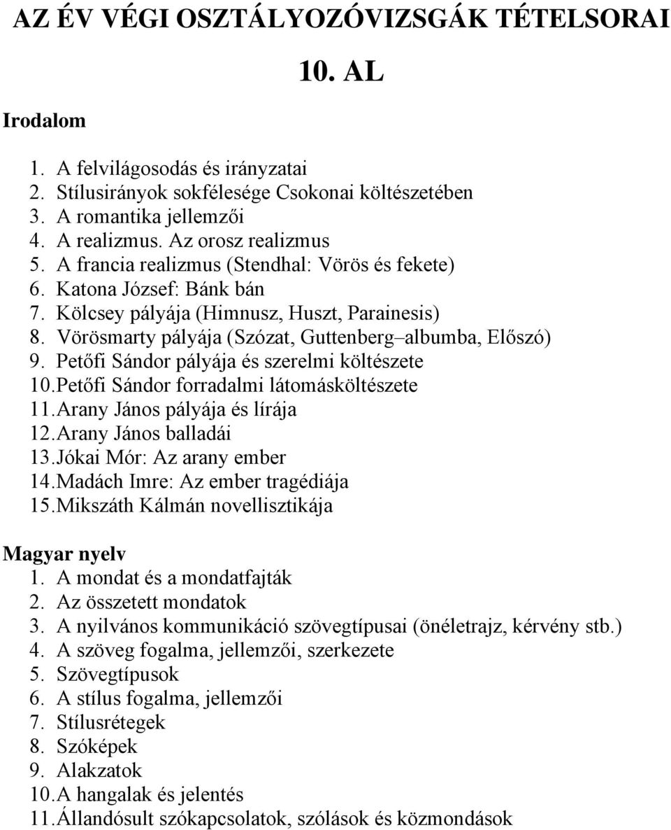 Vörösmarty pályája (Szózat, Guttenberg albumba, Előszó) 9. Petőfi Sándor pályája és szerelmi költészete 10. Petőfi Sándor forradalmi látomásköltészete 11. Arany János pályája és lírája 12.