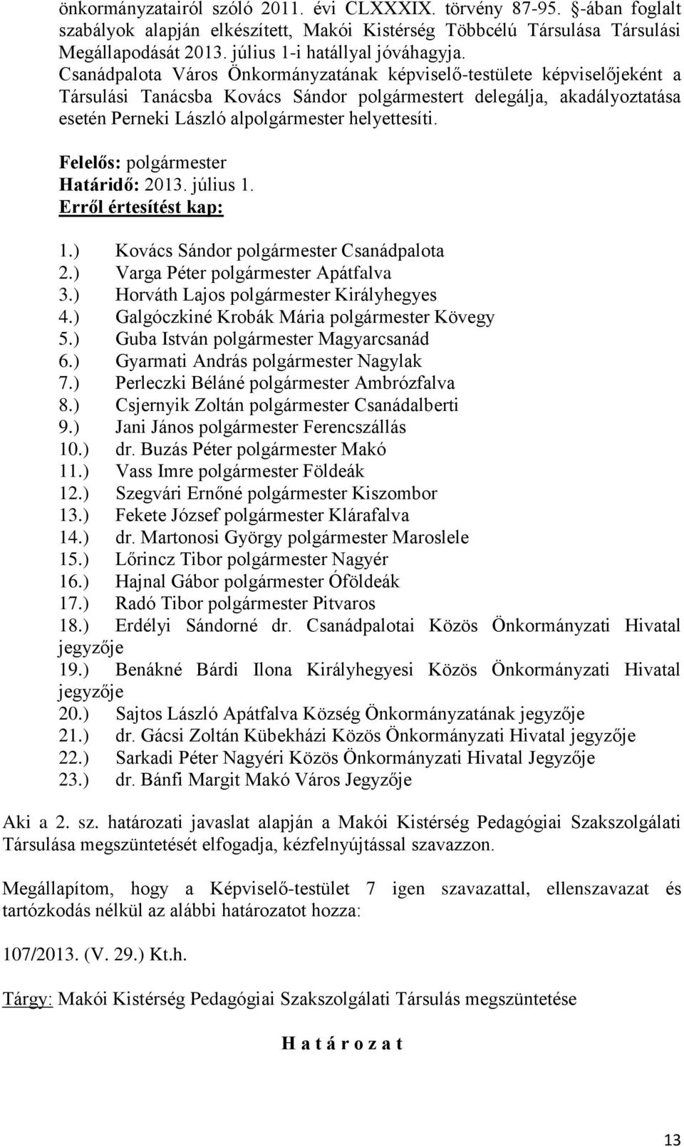 Csanádpalota Város Önkormányzatának képviselő-testülete képviselőjeként a Társulási Tanácsba Kovács Sándor t delegálja, akadályoztatása esetén Perneki László al helyettesíti. Felelős: Határidő: 2013.