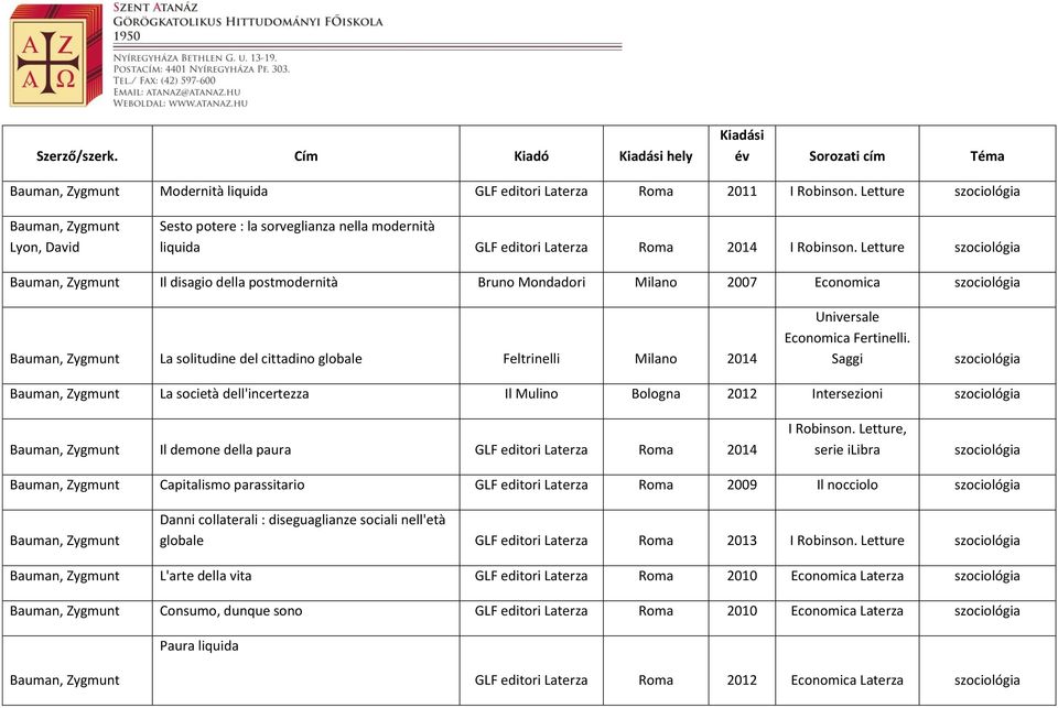 Letture szociológia Bauman, Zygmunt Il disagio della postmodernità Bruno Mondadori Milano 2007 Economica szociológia Bauman, Zygmunt La solitudine del cittadino globale Feltrinelli Milano 2014