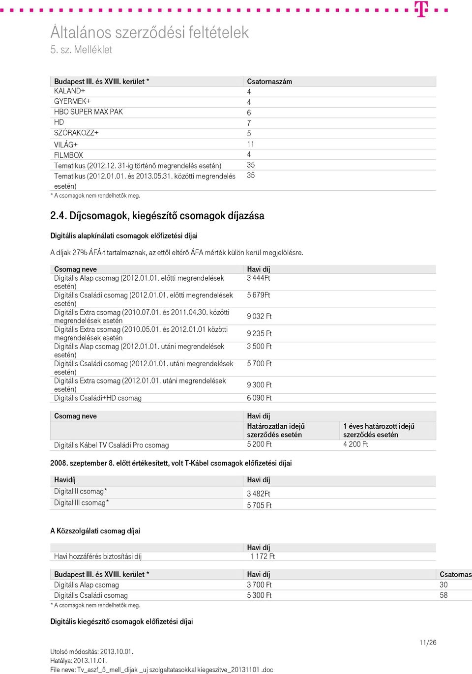 Díjcsomagok, kiegészítő csomagok díjazása Digitális alapkínálati csomagok előfizetési díjai A díjak 27% ÁFÁ-t tartalmaznak, az ettől eltérő ÁFA mérték külön kerül megjelölésre. Digitális (2012