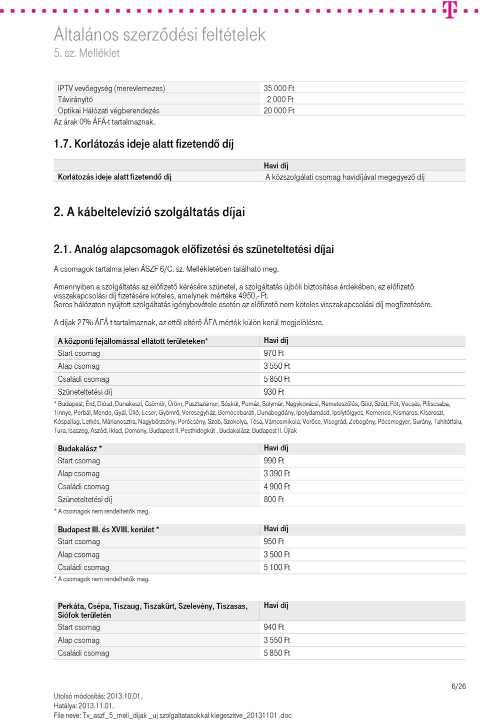 Analóg alapcsomagok előfizetési és szüneteltetési díjai A csomagok tartalma jelen ÁSZF 6/C. sz. Mellékletében található meg.