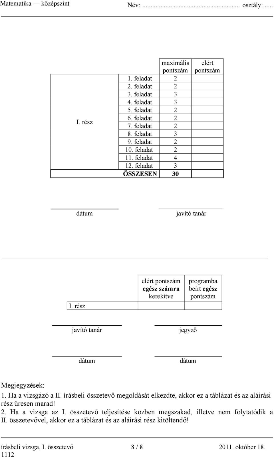 rész elért pontszám egész számra kerekítve programba beírt egész pontszám javító tanár jegyző dátum dátum Megjegyzések: 1. Ha a vizsgázó a II.