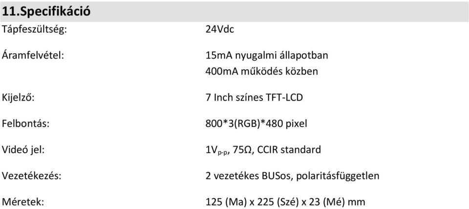 közben 7 Inch színes TFT-LCD 800*3(RGB)*480 pixel 1V p-p, 75Ω, CCIR