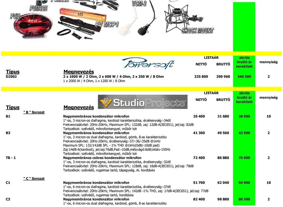 mikrofonkengyel, mőbır tok B3 Nagymembrános kondenzátor mikrofon 41 300 49 560 43 500 2 1"-os, 3 micron-os dual diafragma, kardioid, gömb, 8-as karakterisztika Frekvenciaátvitel: 20Hz-20kHz,