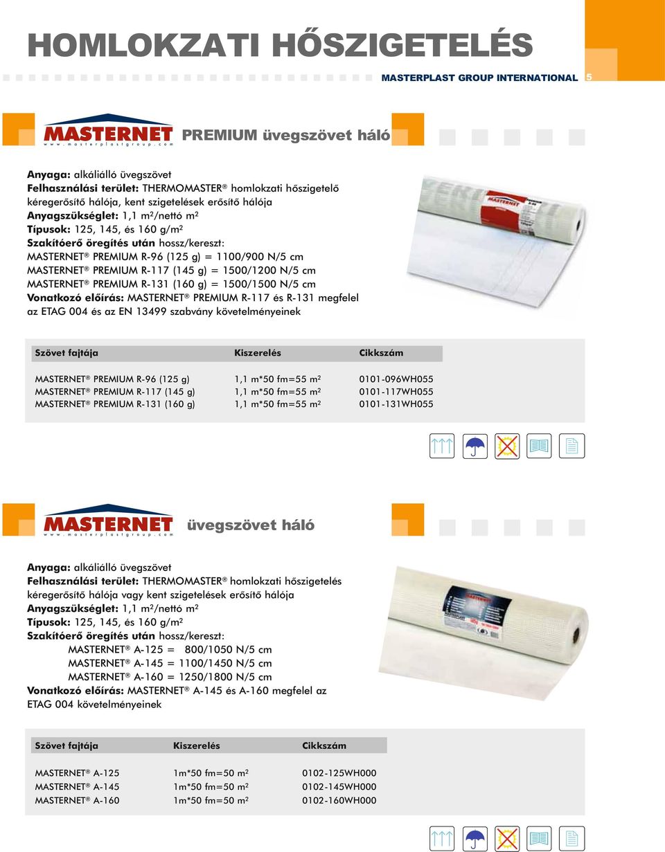 1500/1200 N/5 cm MASTERNET PREMIUM R-131 (160 g) = 1500/1500 N/5 cm Vonatkozó elõírás: MASTERNET PREMIUM R-117 és R-131 megfelel az ETAG 004 és az EN 13499 szabvány követelményeinek Szövet fajtája