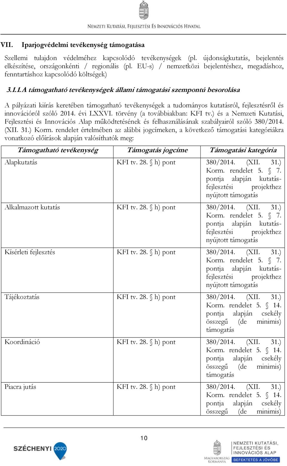 1. A támogatható tevékenységek állami támogatási szempontú besorolása A pályázati kiírás keretében támogatható tevékenységek a tudományos kutatásról, fejlesztésről és innovációról szóló 2014.