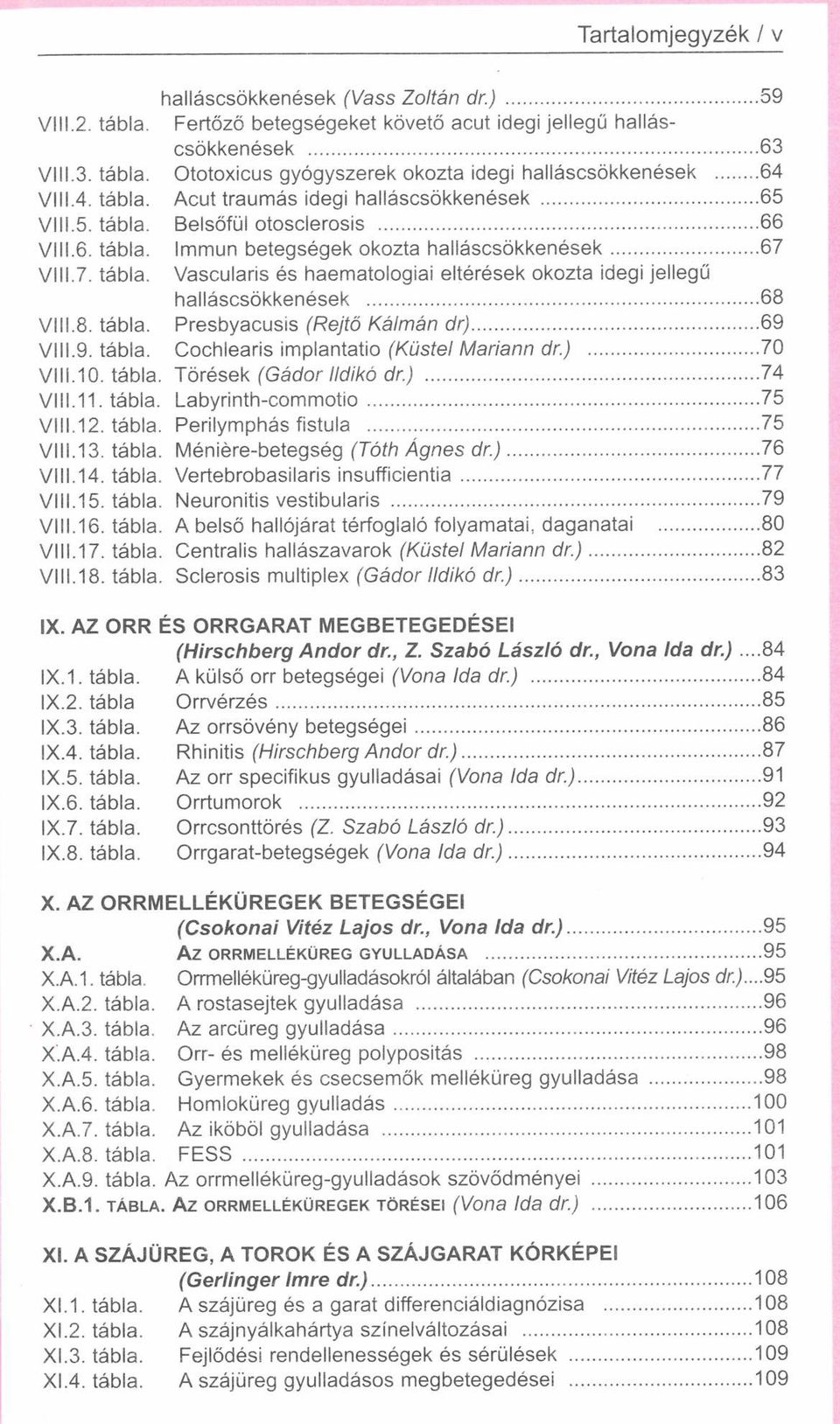 .. 67 VIII.7. tábla. Vascularis és haematologiai eltérések okozta idegi jellegű halláscsökkenések... 68 VIII.8. tábla. Presbyacusis (Rejtő Kálmán dr)... 69 VIII.9. tábla. Cochlearis implantatio (Küstel Mariann dr.