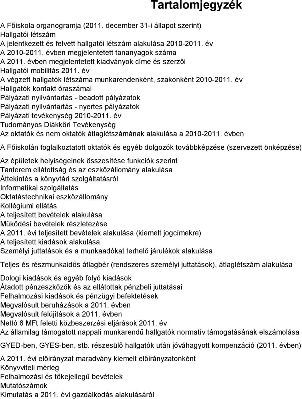 év Hallgatók kontakt óraszámai Pályázati nyilvántartás - beadott pályázatok Pályázati nyilvántartás - nyertes pályázatok Pályázati tevékenység 21-211.