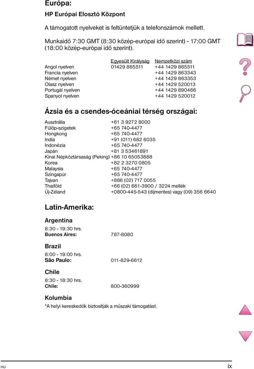 890466 Spanyol nyelven +44 1429 520012 Ázsia és a csendes-óceániai térség országai: Ausztrália +61 3 9272 8000 Fülöp-szigetek +65 740-4477 Hongkong +65 740-4477 India +91 (011) 682 6035 Indonézia +65