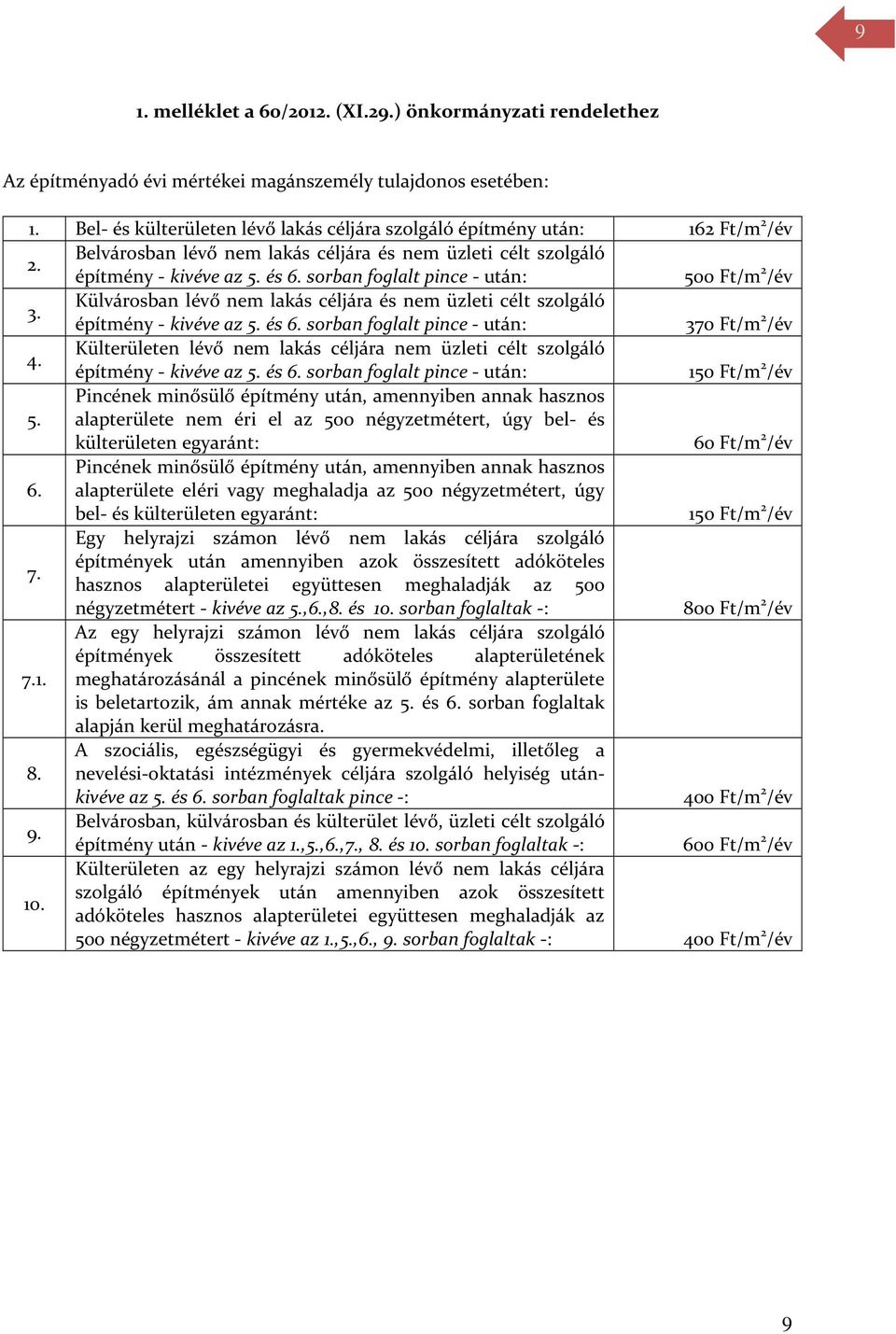 sorban foglalt pince - után: 500 Ft/m 2 /év 3. Külvárosban lévő nem lakás céljára és nem üzleti célt szolgáló építmény - kivéve az 5. és 6. sorban foglalt pince - után: 370 Ft/m 2 /év 4.