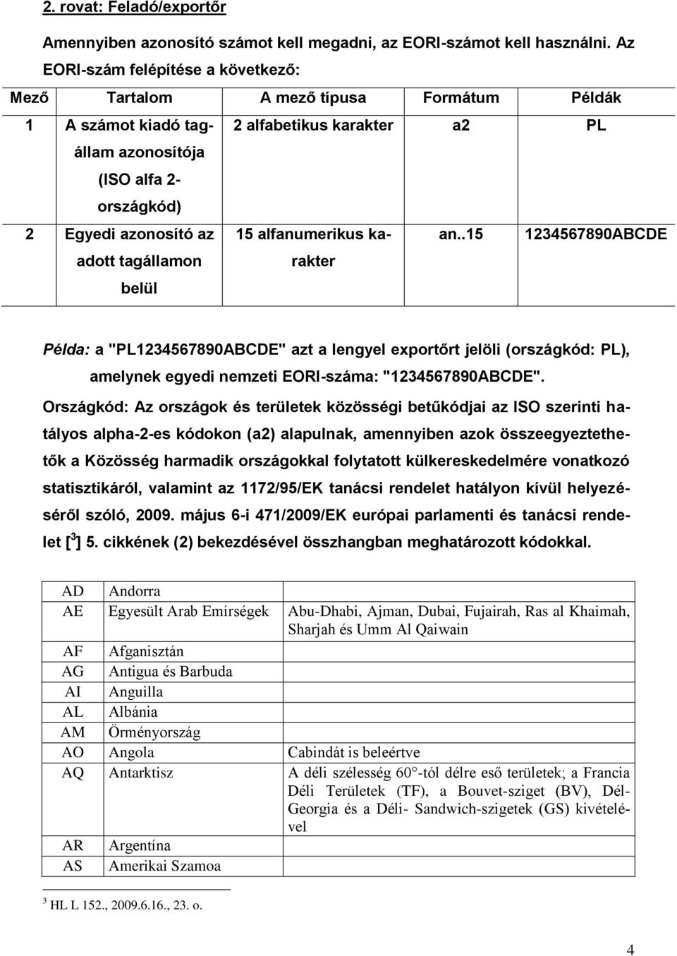 tagállamon belül 15 alfanumerikus karakter an..15 1234567890ABCDE Példa: a "PL1234567890ABCDE" azt a lengyel exportőrt jelöli (országkód: PL), amelynek egyedi nemzeti EORI-száma: "1234567890ABCDE".