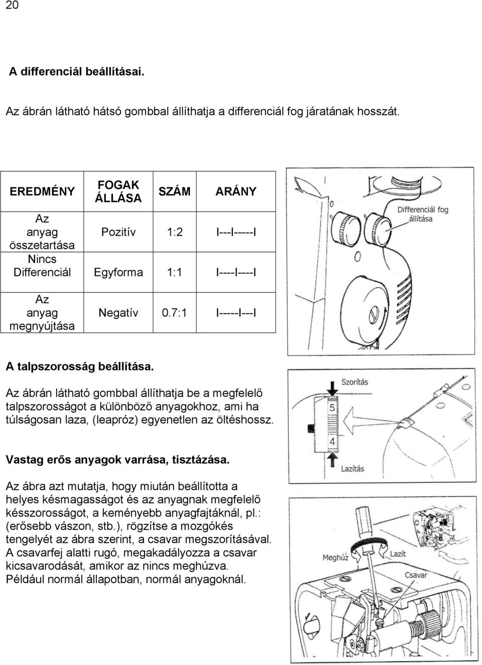 Az ábrán látható gombbal állíthatja be a megfelelő talpszorosságot a különböző anyagokhoz, ami ha túlságosan laza, (leapróz) egyenetlen az öltéshossz. Vastag erős anyagok varrása, tisztázása.