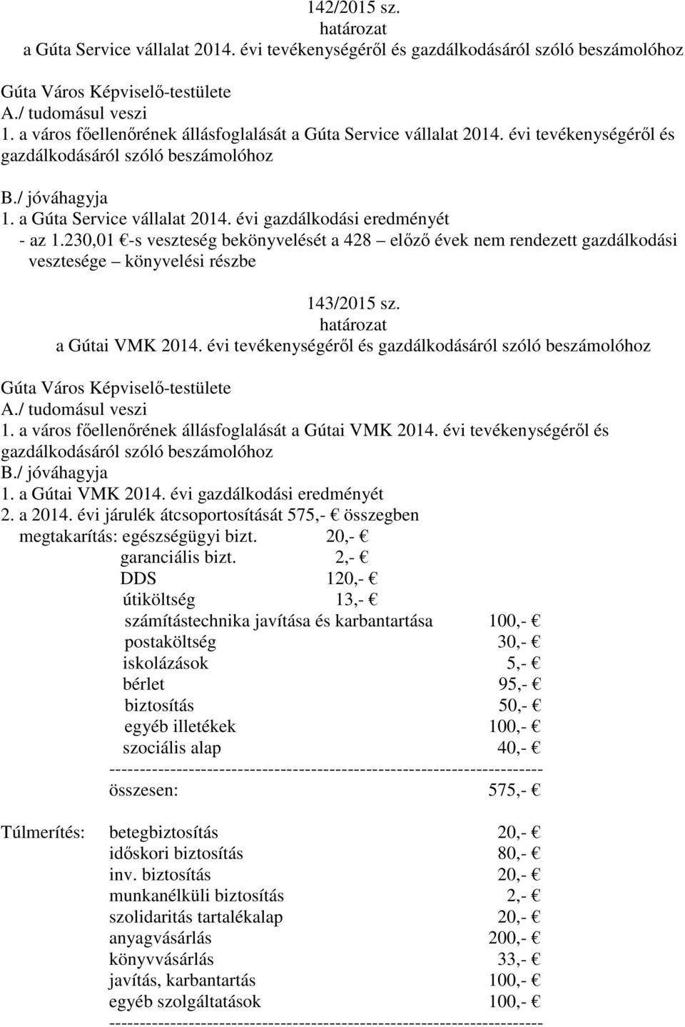 230,01 -s veszteség bekönyvelését a 428 előző évek nem rendezett gazdálkodási vesztesége könyvelési részbe 143/2015 sz. a Gútai VMK 2014. évi tevékenységéről és gazdálkodásáról szóló beszámolóhoz 1.