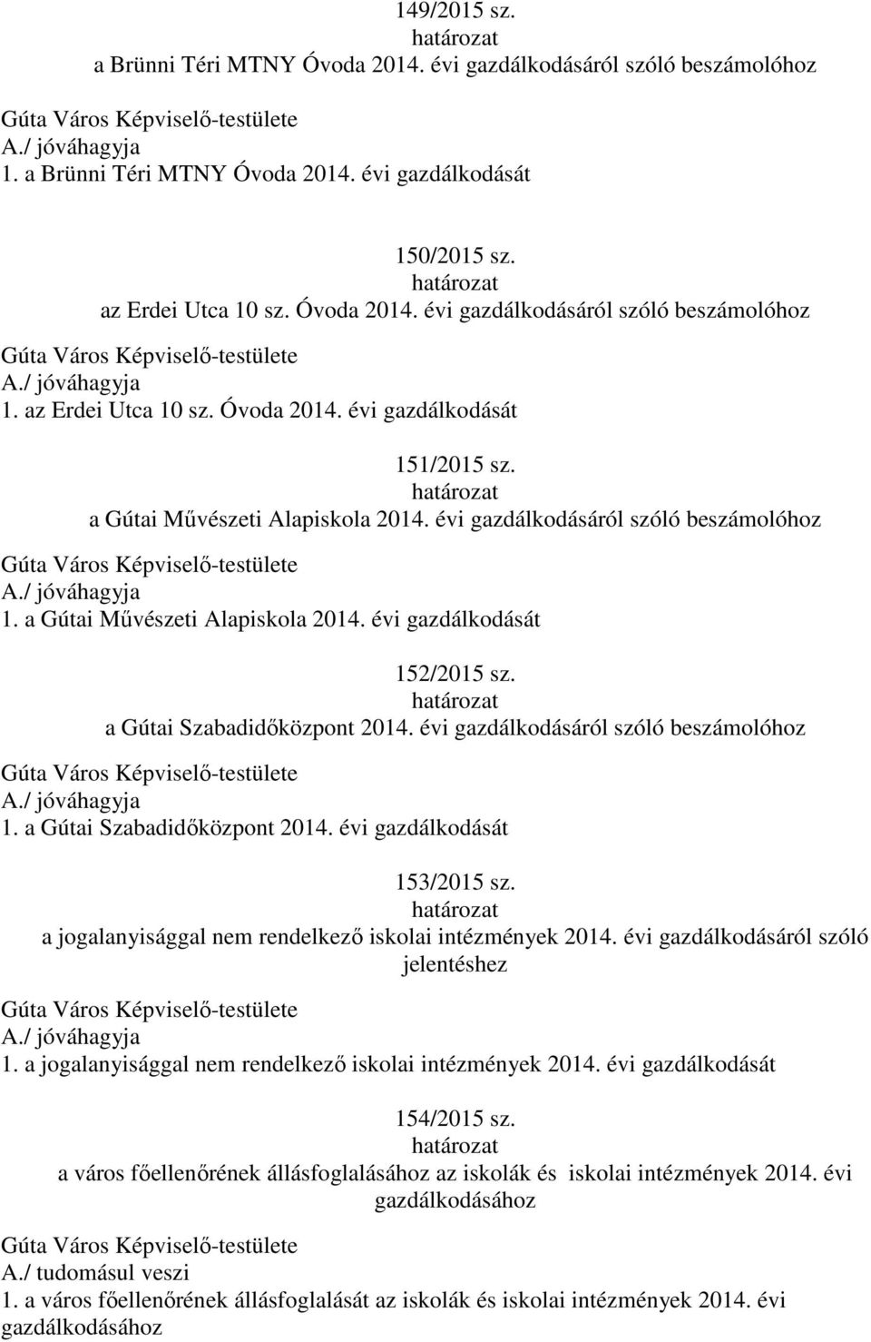 évi gazdálkodásáról szóló beszámolóhoz 1. a Gútai Szabadidőközpont 2014. évi gazdálkodását 153/2015 sz. a jogalanyisággal nem rendelkező iskolai intézmények 2014.