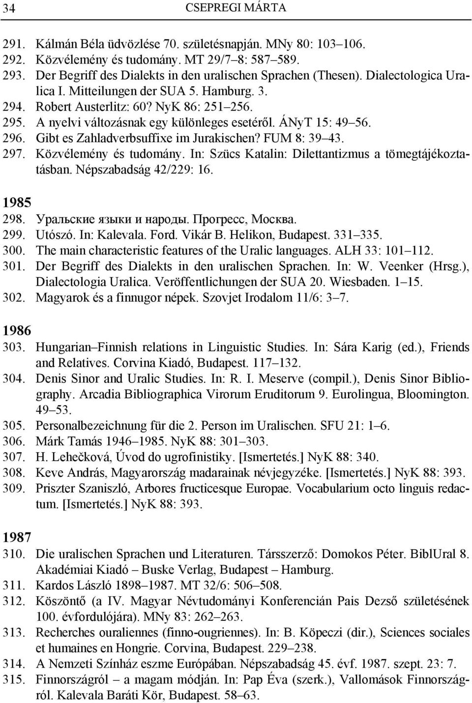 Gibt es Zahladverbsuffixe im Jurakischen? FUM 8: 39 43. 297. Közvélemény és tudomány. In: Szücs Katalin: Dilettantizmus a tömegtájékoztatásban. Népszabadság 42/229: 16. 1985 298.