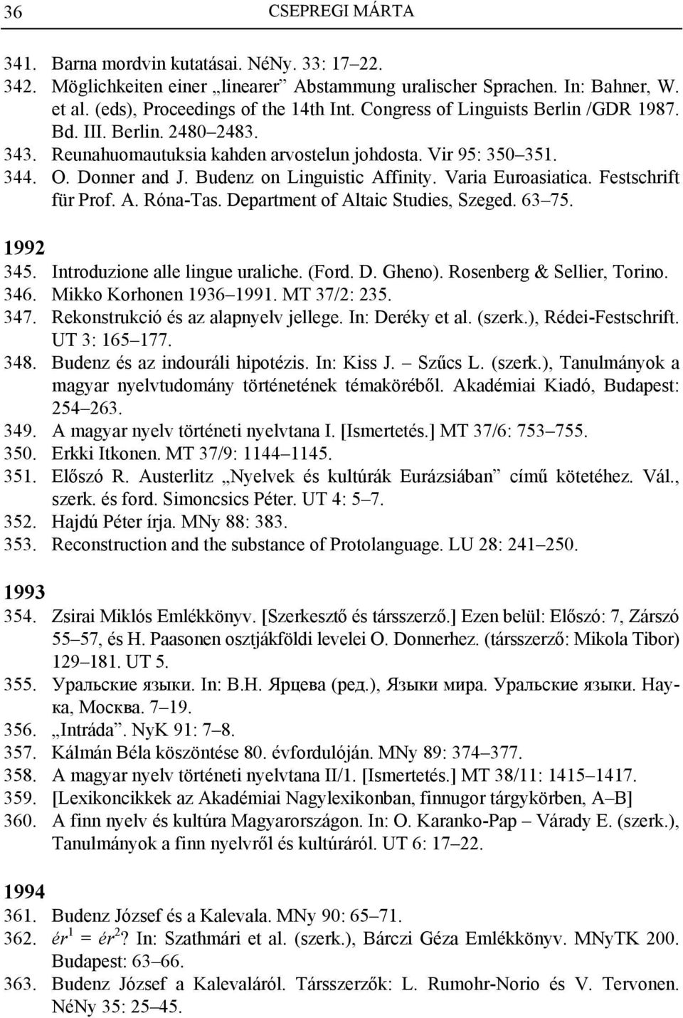 Varia Euroasiatica. Festschrift für Prof. A. Róna-Tas. Department of Altaic Studies, Szeged. 63 75. 1992 345. Introduzione alle lingue uraliche. (Ford. D. Gheno). Rosenberg & Sellier, Torino. 346.