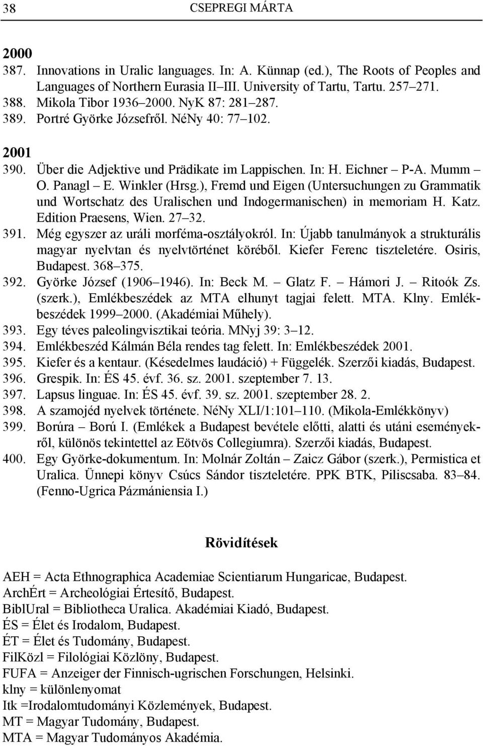 ), Fremd und Eigen (Untersuchungen zu Grammatik und Wortschatz des Uralischen und Indogermanischen) in memoriam H. Katz. Edition Praesens, Wien. 27 32. 391. Még egyszer az uráli morféma-osztályokról.