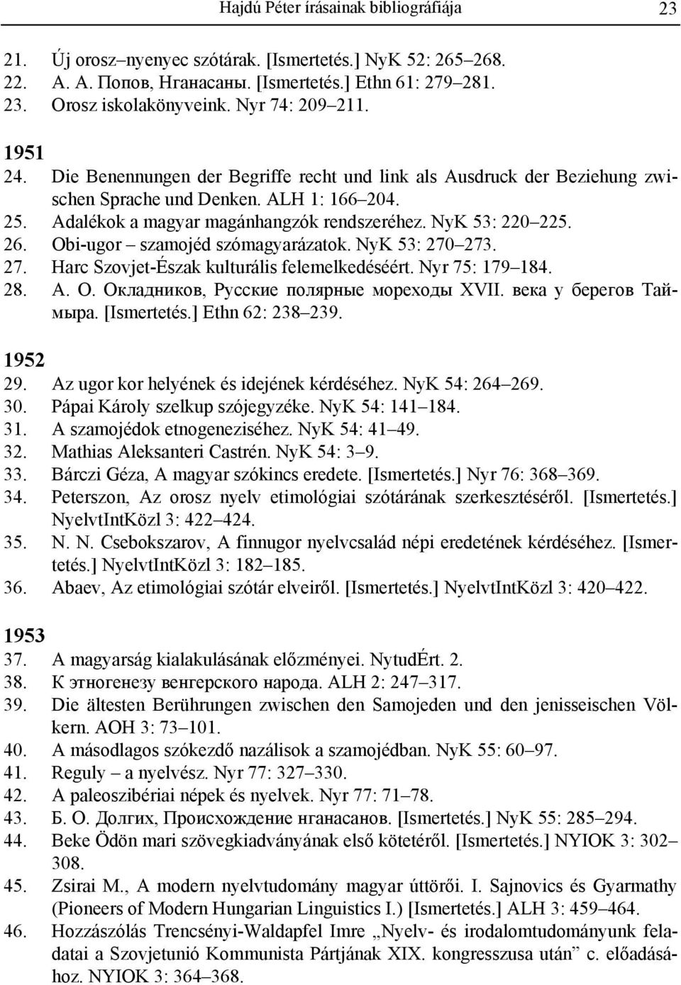 NyK 53: 220 225. 26. Obi-ugor szamojéd szómagyarázatok. NyK 53: 270 273. 27. Harc Szovjet-Észak kulturális felemelkedéséért. Nyr 75: 179 184. 28. А. О. Окладников, Русские полярные мореходы XVII.