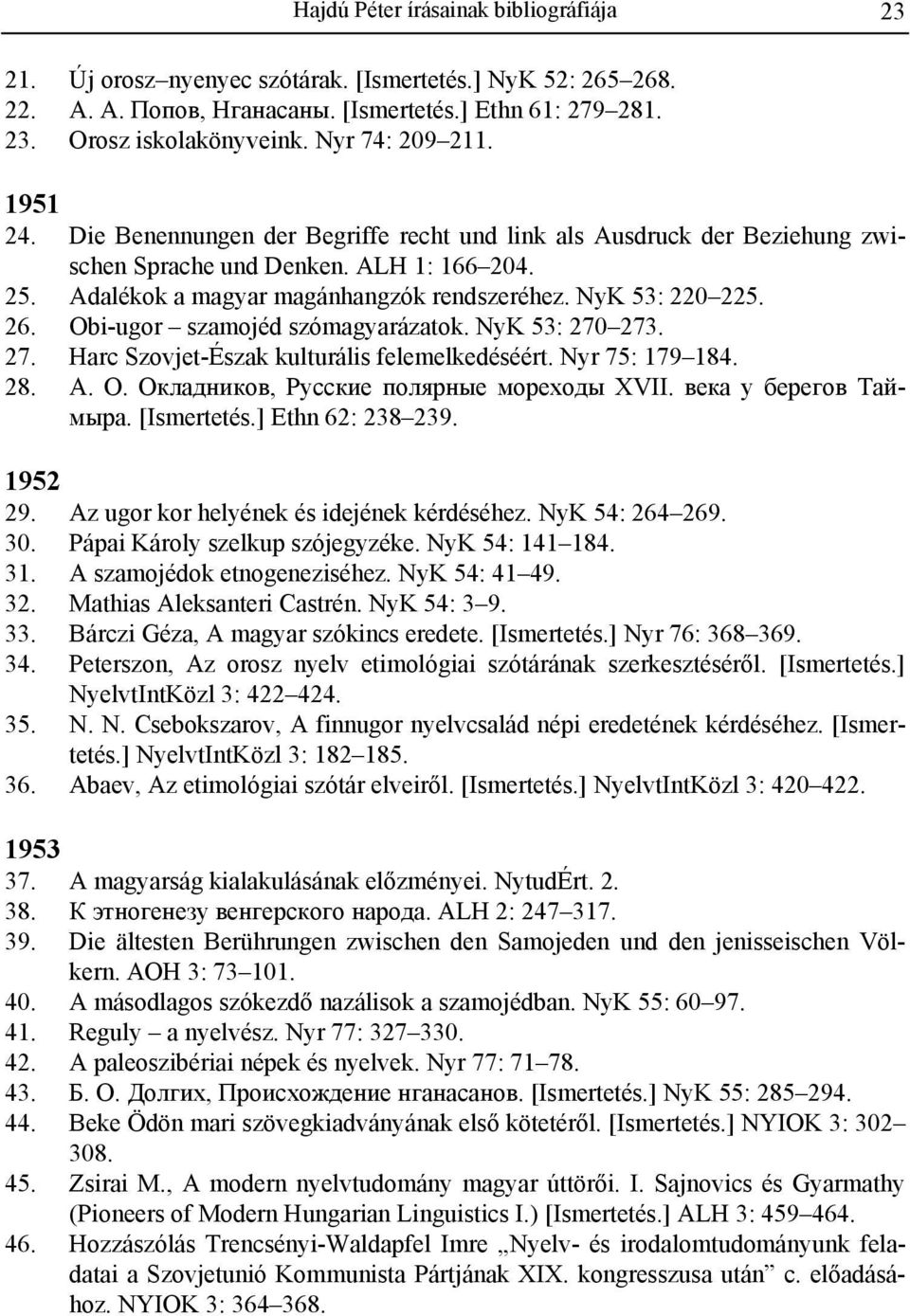 NyK 53: 220 225. 26. Obi-ugor szamojéd szómagyarázatok. NyK 53: 270 273. 27. Harc Szovjet-Észak kulturális felemelkedéséért. Nyr 75: 179 184. 28. А. О. Окладников, Русские полярные мореходы XVII.