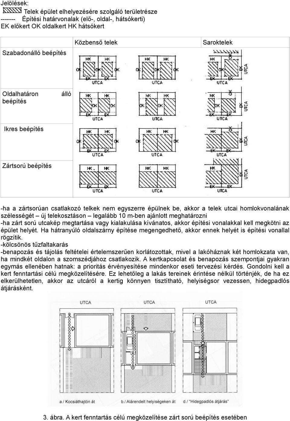 legalább 10 m-ben ajánlott meghatározni -ha zárt sorú utcakép megtartása vagy kialakulása kívánatos, akkor építési vonalakkal kell megkötni az épület helyét.