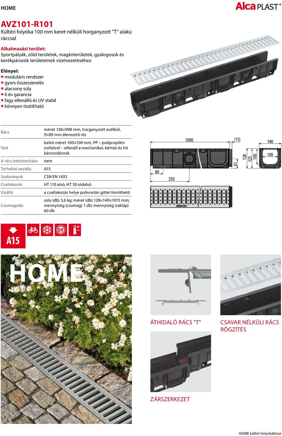 998 mm, horganyzott acélból, 9 89 mm áteresztő rés belső méret 100 100 mm, PP polipropilén zsírkővel ellenáll a mechanikai, kémiai és hő károsodásnak nem A15 Szabványok CSN EN 1433 Csatlakozás