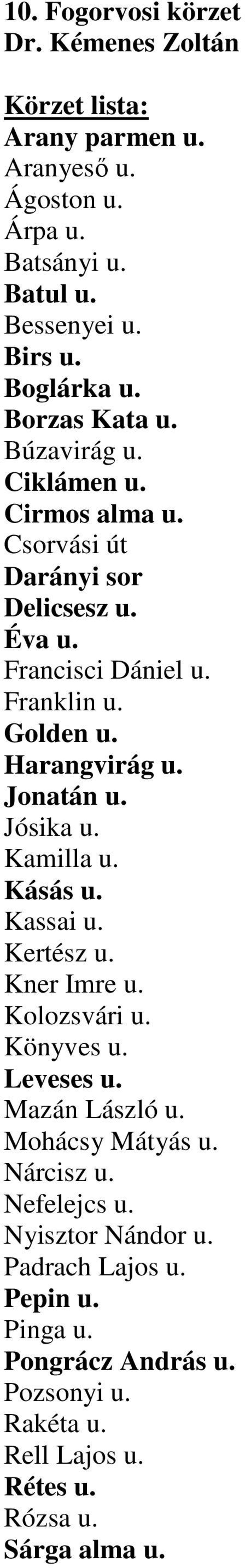 Harangvirág u. Jonatán u. Jósika u. Kamilla u. Kásás u. Kassai u. Kertész u. Kner Imre u. Kolozsvári u. Könyves u. Leveses u. Mazán László u.