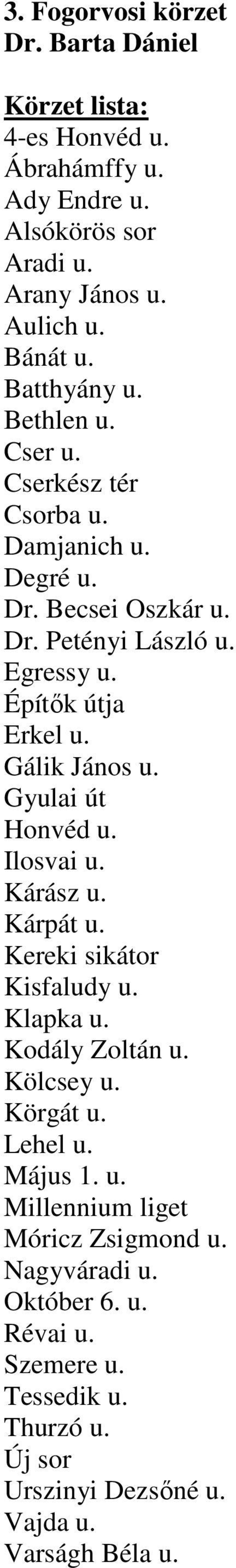 Gálik János u. Gyulai út Honvéd u. Ilosvai u. Kárász u. Kárpát u. Kereki sikátor Kisfaludy u. Klapka u. Kodály Zoltán u. Kölcsey u. Körgát u. Lehel u.