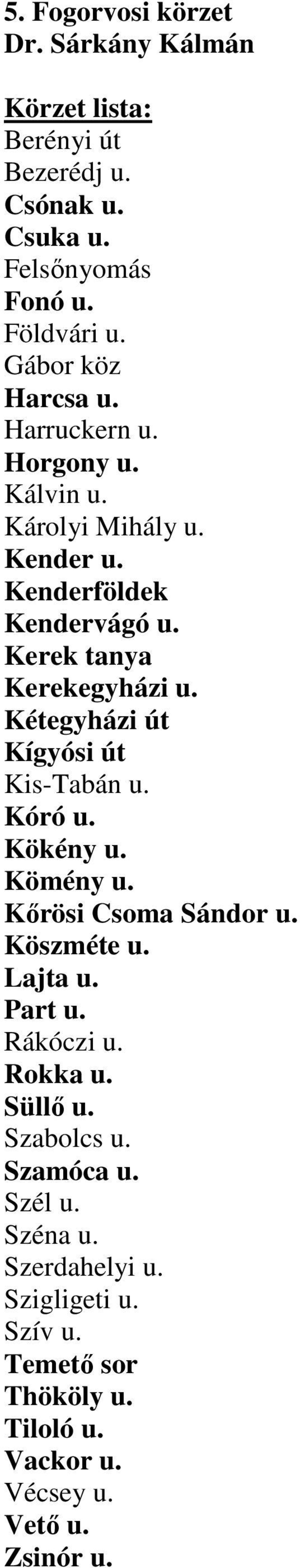 Kétegyházi út Kígyósi út Kis-Tabán u. Kóró u. Kökény u. Kömény u. Kırösi Csoma Sándor u. Köszméte u. Lajta u. Part u. Rákóczi u.