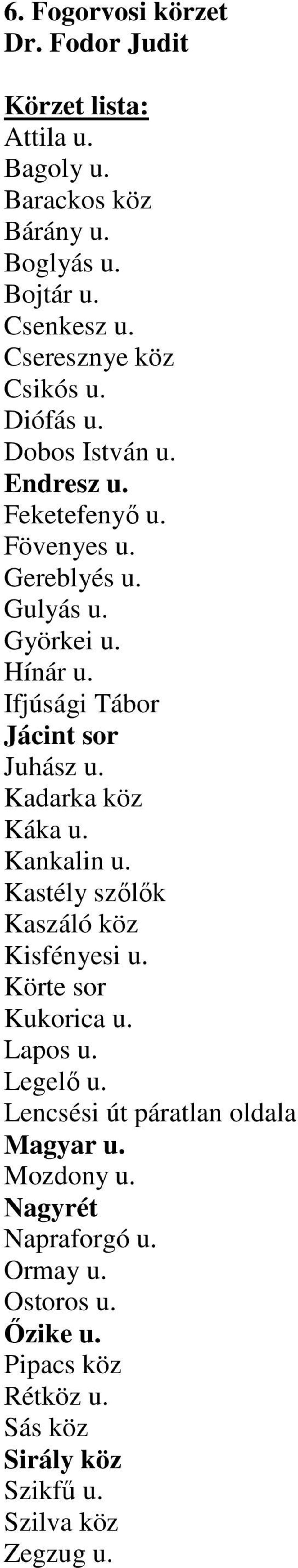 Ifjúsági Tábor Jácint sor Juhász u. Kadarka köz Káka u. Kankalin u. Kastély szılık Kaszáló köz Kisfényesi u. Körte sor Kukorica u. Lapos u.
