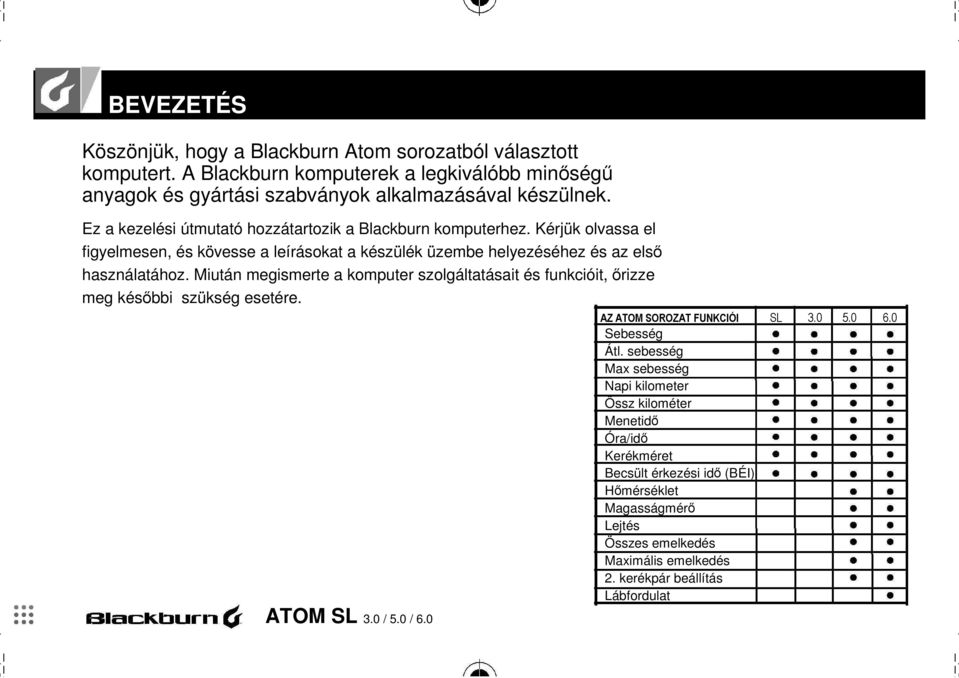 Miután megismerte a komputer szolgáltatásait és funkcióit, ırizze meg késıbbi szükség esetére. ATOM SL 3.0 / 5.0 / 6.0 AZ ATOM SOROZAT FUNKCIÓI SL 3.0 5.0 6.0 Sebesség Átl.