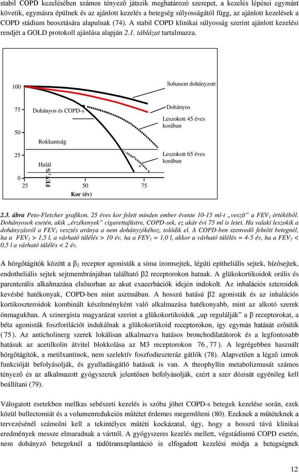 100 Sohasem dohányzott 75 50 Dohányos és COPD-s Rokkantság Dohányos Leszokott 45 éves korában 25 Halál 0 25 50 75 FEV 1 % Kor (év) Leszokott 65 éves korában 2.3. ábra Peto-Fletcher grafikon.