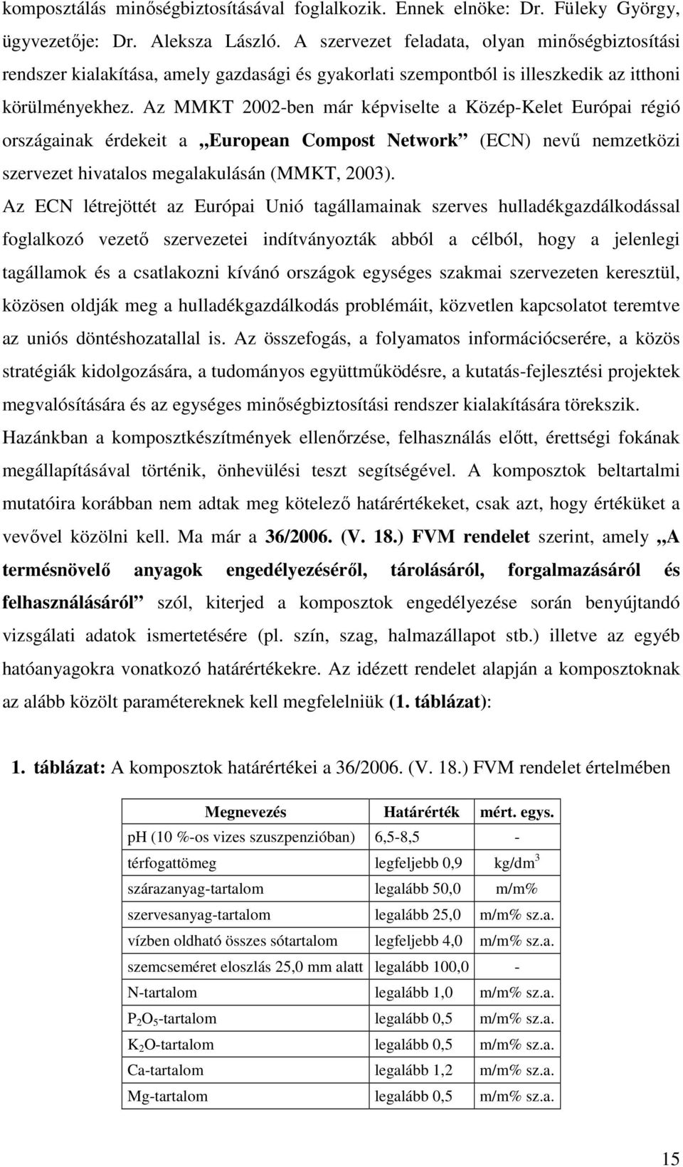 Az MMKT 2002-ben már képviselte a Közép-Kelet Európai régió országainak érdekeit a European Compost Network (ECN) nevű nemzetközi szervezet hivatalos megalakulásán (MMKT, 2003).