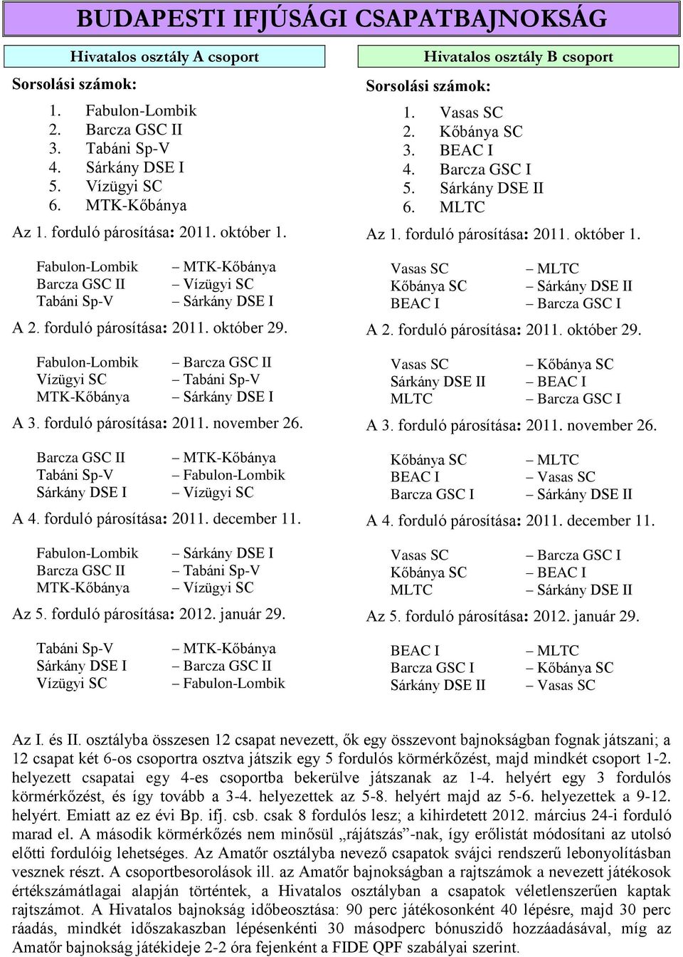 Fabulon-Lombik Vízügyi SC MTK-Kőbánya Barcza GSC II Tabáni Sp-V Sárkány DSE I A 3. forduló párosítása: 2011. november 26.