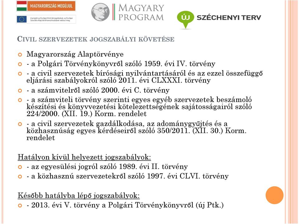 (XII. 19.) Korm. rendelet - a civil szervezetek gazdálkodása, az adománygyűjtés és a közhasznúság egyes kérdéseiről szóló 350/2011. (XII. 30.) Korm. rendelet Hatályon kívül helyezett jogszabályok: - az egyesülési jogról szóló 1989.