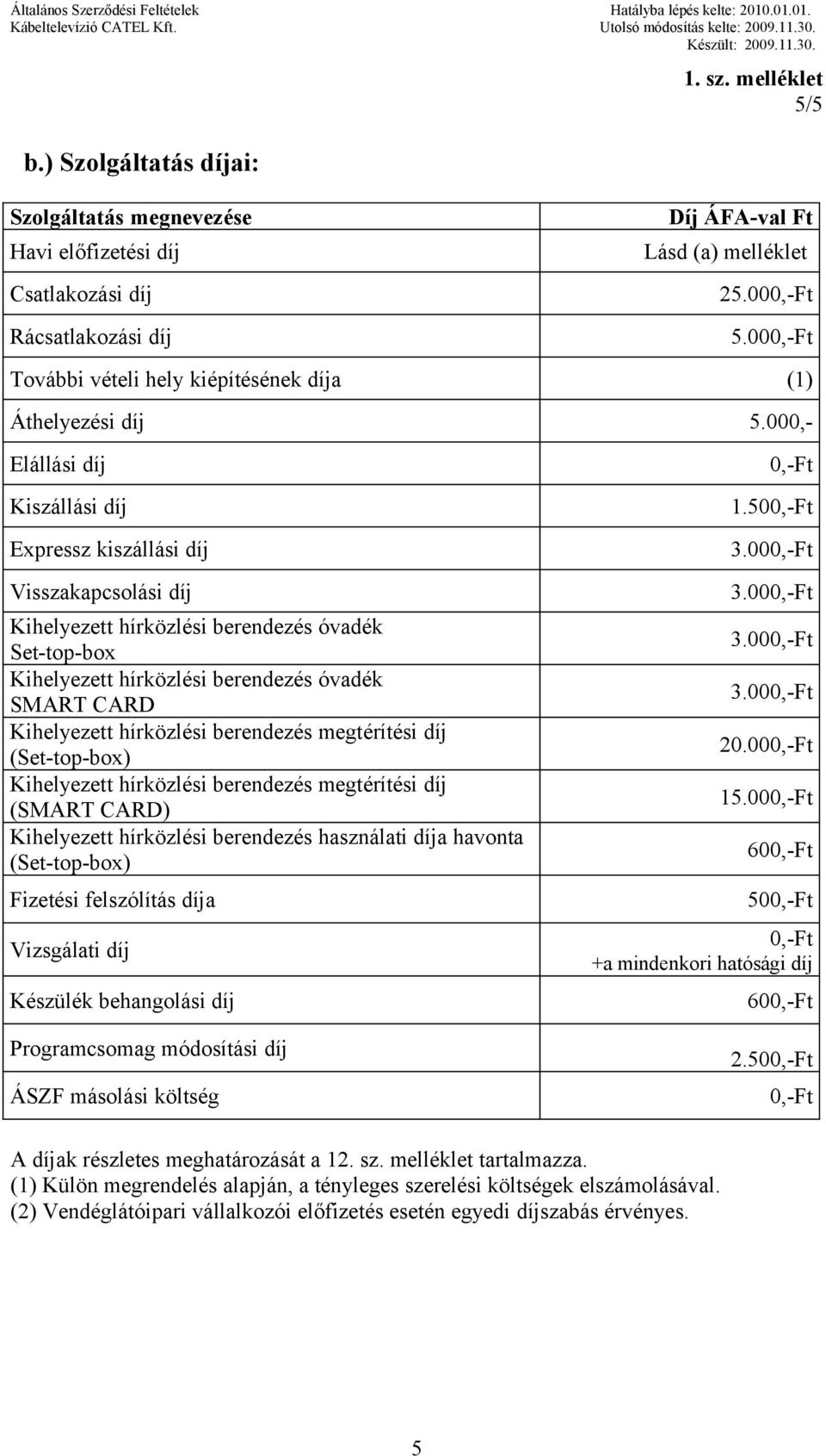 000,- Elállási díj Kiszállási díj Expressz kiszállási díj Visszakapcsolási díj Kihelyezett hírközlési berendezés óvadék Set-top-box Kihelyezett hírközlési berendezés óvadék SMART CARD Kihelyezett