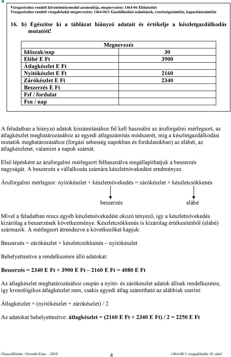 Megnevezés Időszak/nap 30 Elébé E Ft 3900 Átlagkészlet E Ft Nyitókészlet E Ft 2160 Zárókészlet E Ft 2340 Beszerzés E Ft Fsf / fordulat Fsn / nap A feladatban a hiányzó adatok kiszámításához fel kell