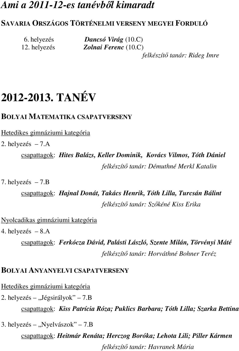 helyezés 7.B csapattagok: Hajnal Donát, Takács Henrik, Tóth Lilla, Turcsán Bálint felkészítő tanár: Szőkéné Kiss Erika Nyolcadikas gimnáziumi kategória 4. helyezés 8.