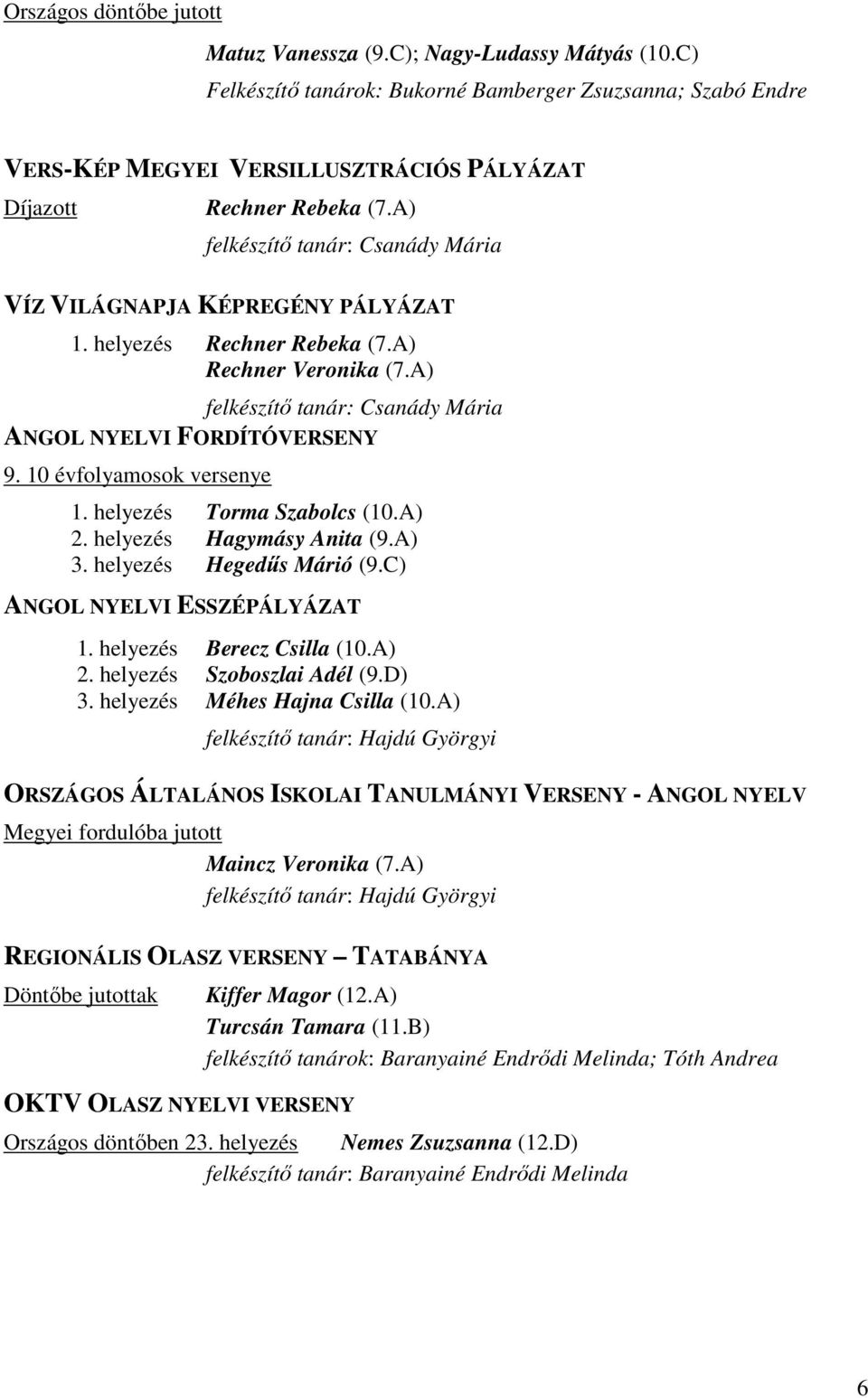 A) felkészítő tanár: Csanády Mária VÍZ VILÁGNAPJA KÉPREGÉNY PÁLYÁZAT 1. helyezés Rechner Rebeka (7.A) Rechner Veronika (7.A) felkészítő tanár: Csanády Mária ANGOL NYELVI FORDÍTÓVERSENY 9.