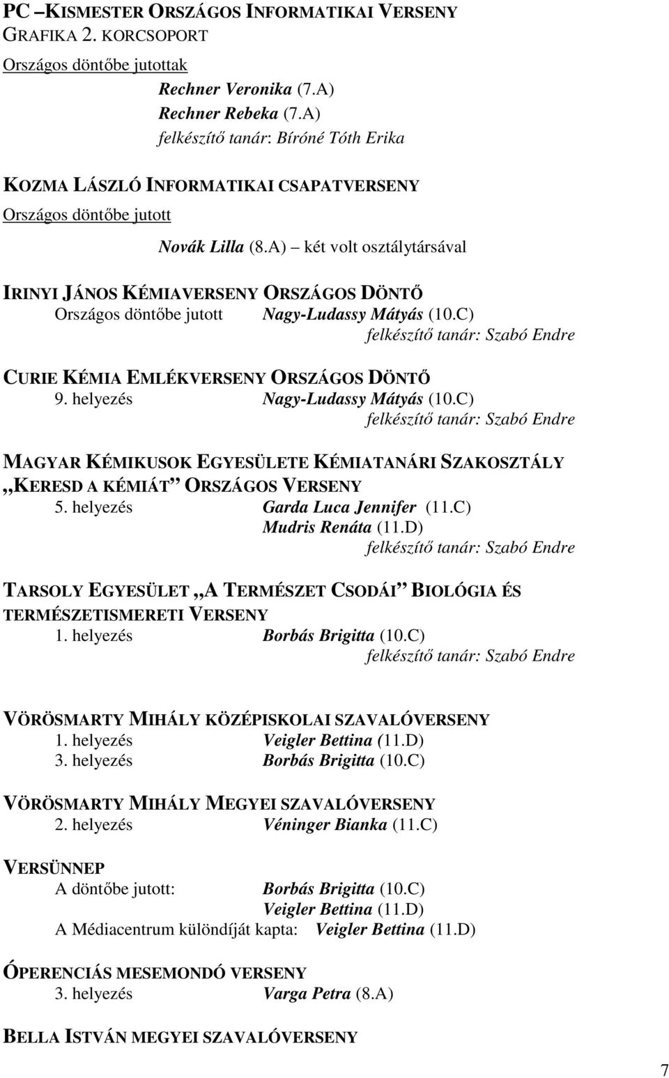 A) két volt osztálytársával IRINYI JÁNOS KÉMIAVERSENY ORSZÁGOS DÖNTŐ Országos döntőbe jutott Nagy-Ludassy Mátyás (10.C) felkészítő tanár: Szabó Endre CURIE KÉMIA EMLÉKVERSENY ORSZÁGOS DÖNTŐ 9.