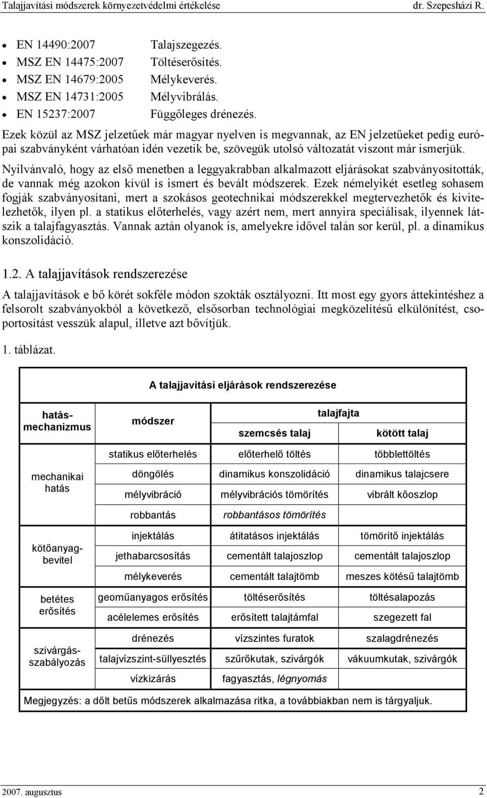 Nyilvánvaló, hogy az elsı menetben a leggyakrabban alkalmazott eljárásokat szabványosították, de vannak még azokon kívül is ismert és bevált módszerek.