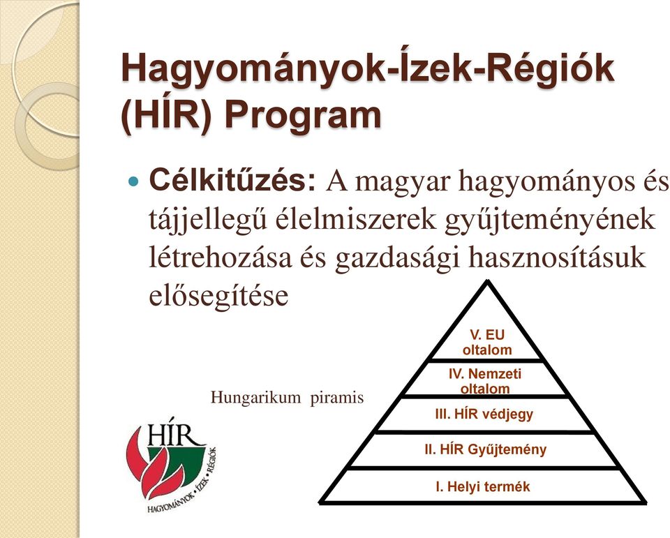 és gazdasági hasznosításuk elősegítése Hungarikum piramis V.