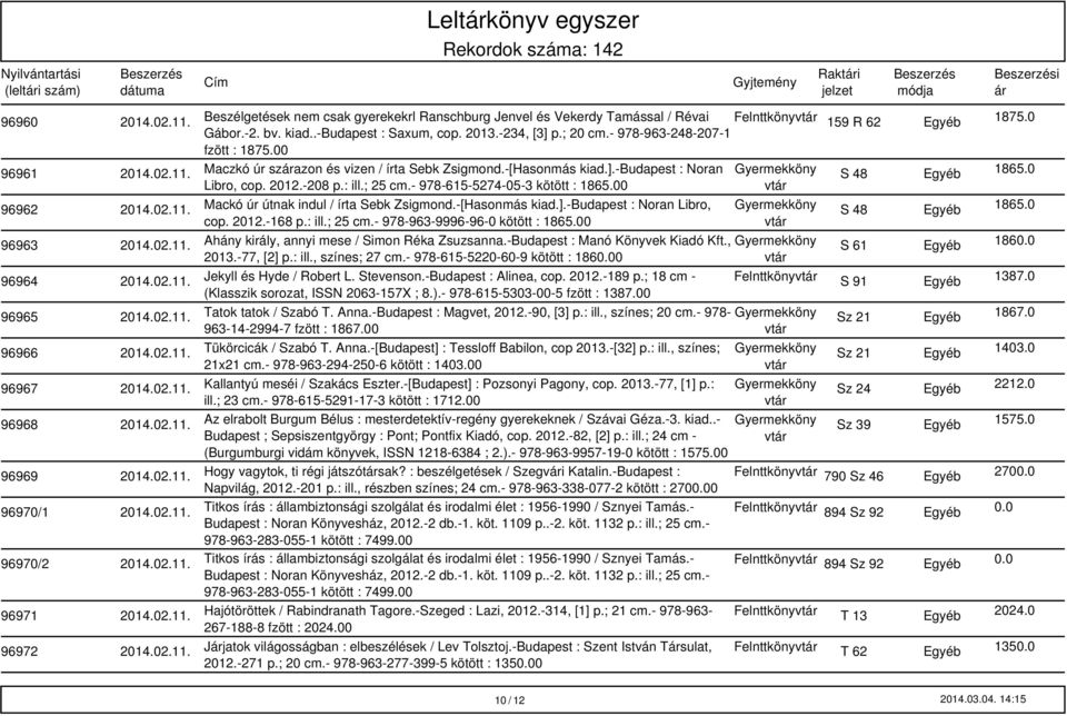 ; 25 cm.- 978-615-5274-05-3 kötött : 1865.00 96962 Mackó úr útnak indul / írta Sebk Zsigmond.-[Hasonmás kiad.].-budapest : Noran Libro, cop. 2012.-168 p.: ill.; 25 cm.- 978-963-9996-96-0 kötött : 1865.