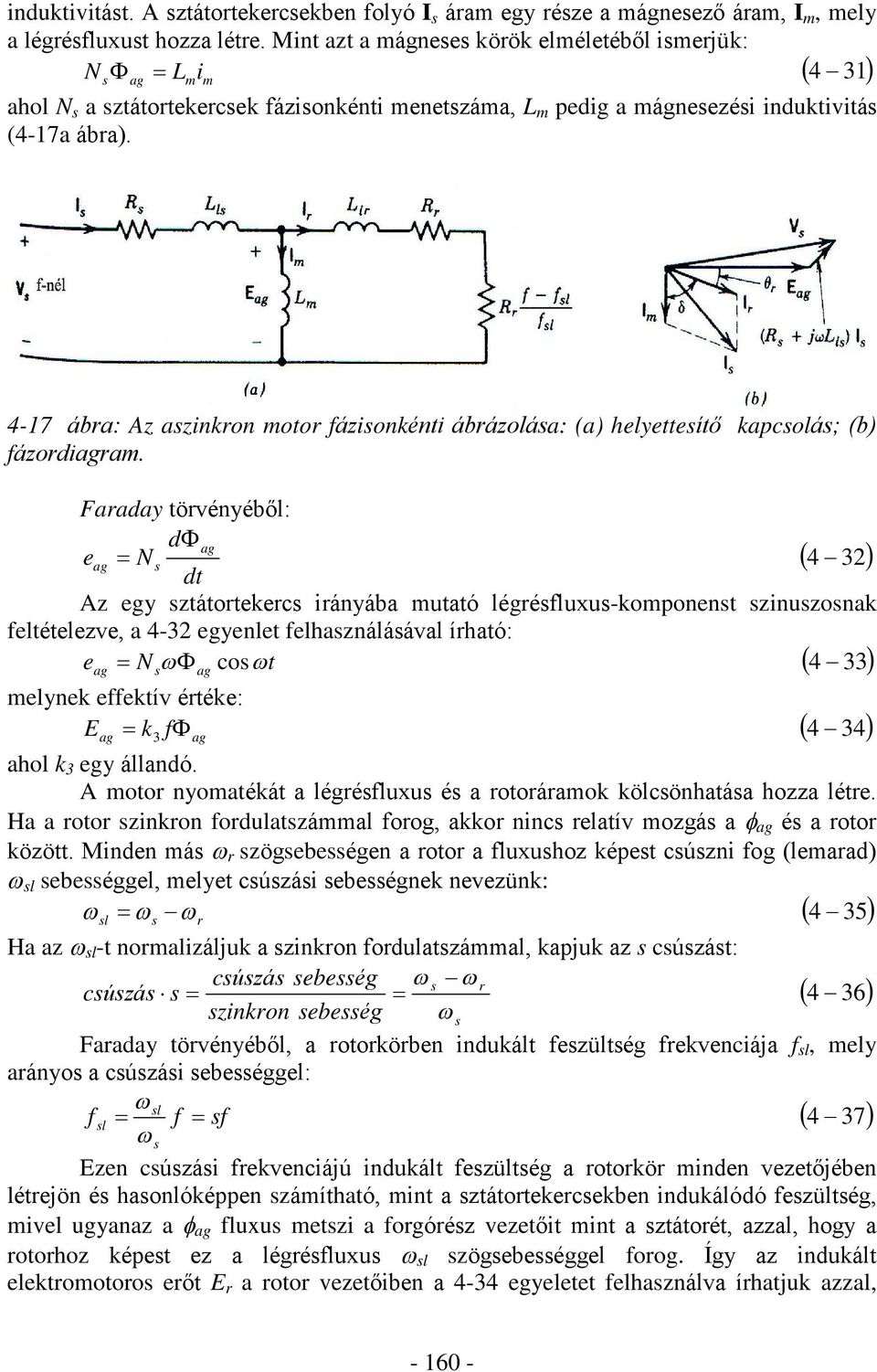 4-17 ábra: Az aszinkron motor fázisonkénti ábrázolása: (a) helyettesítõ kapcsolás; (b) fázordiagram.