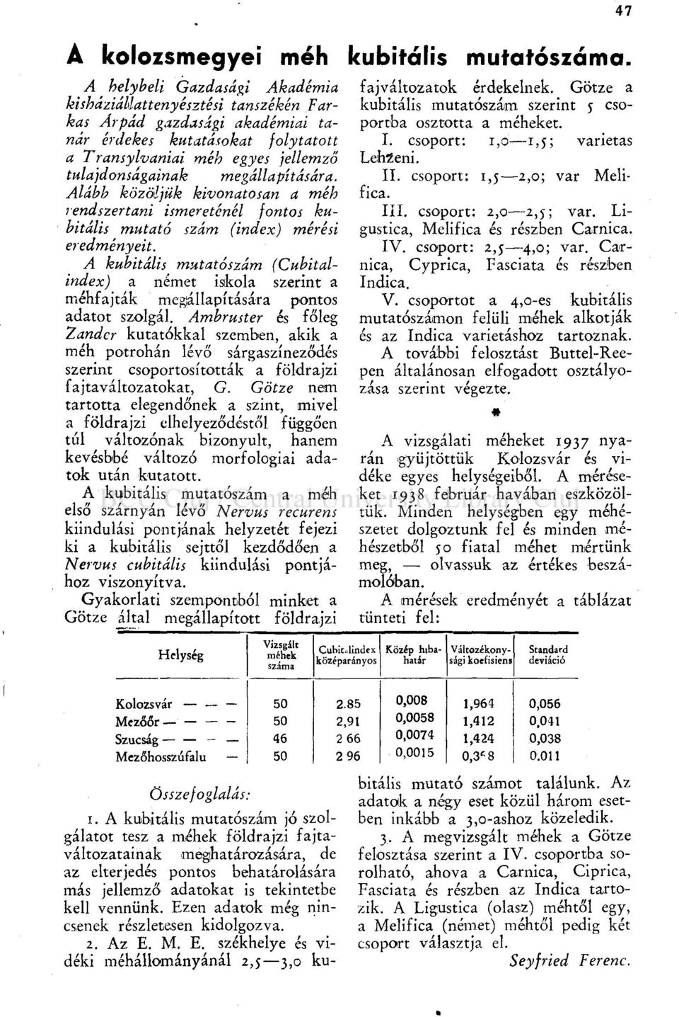 megállapítására. Alább közöljük kivonatosan a méh rendszertani ismereténél fontos kubitális mutató szám (index) mérési eredményeit.