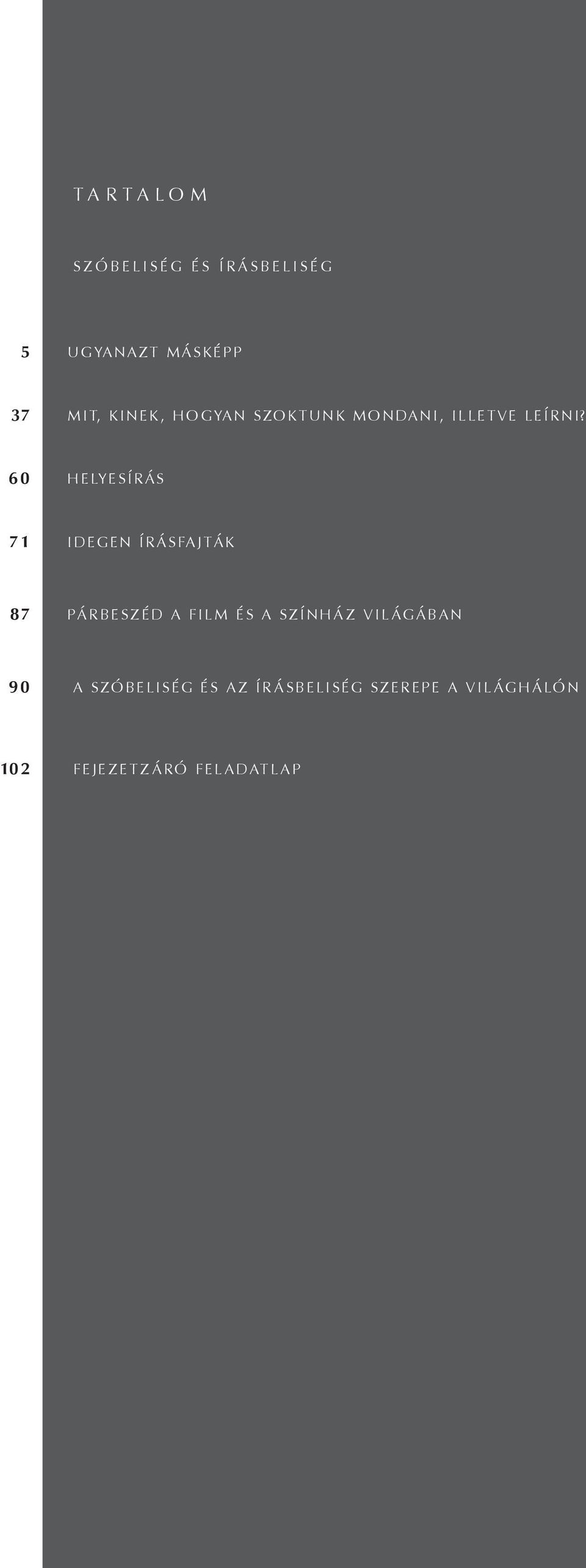 60 HELYESÍRÁS 71 IDEGEN ÍRÁSFAJTÁK 87 PÁRBESZÉD A FILM ÉS A SZÍNHÁZ