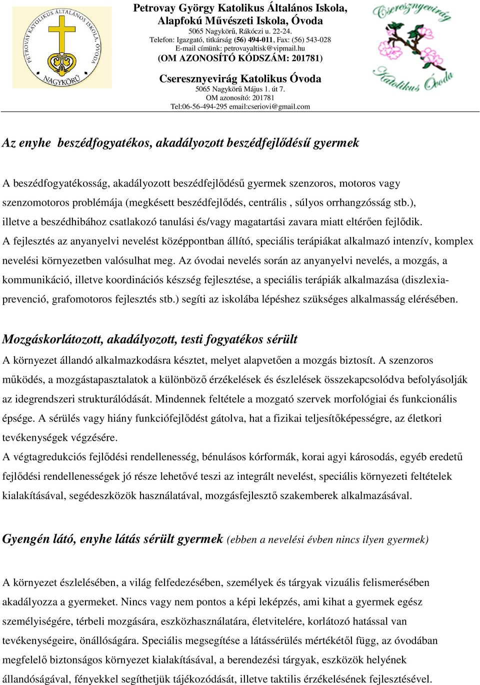 A fejlesztés az anyanyelvi nevelést középpontban állító, speciális terápiákat alkalmazó intenzív, komplex nevelési környezetben valósulhat meg.