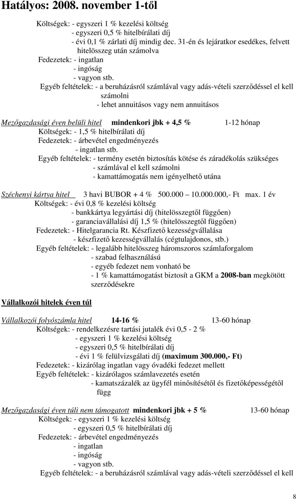 Költségek: - 1,5 % hitelbírálati díj Fedezetek: - árbevétel engedményezés - ingatlan stb.